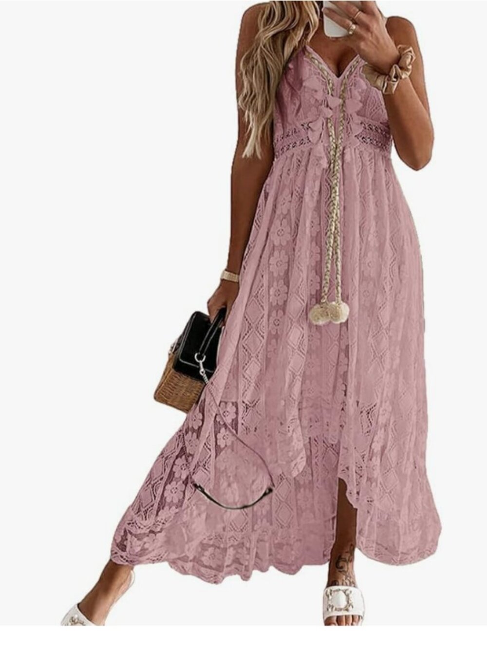CUPSHE Women's Summer Dress Sleeveless Lace Casual Tassel Beach Rose Pink